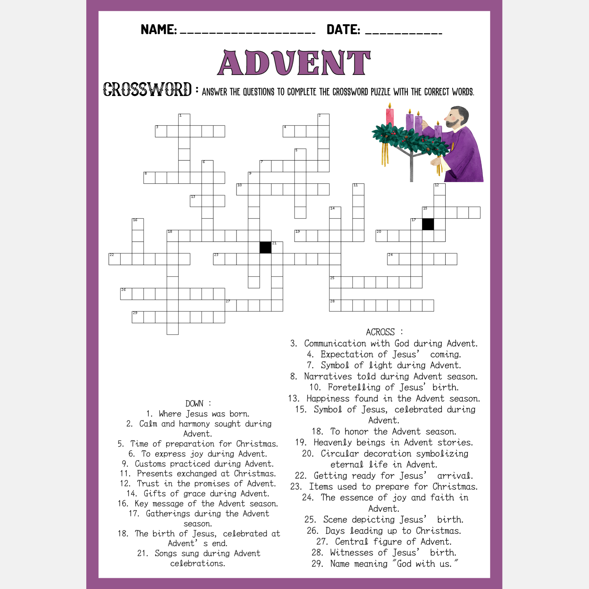 Printable Advent Crossword Puzzle