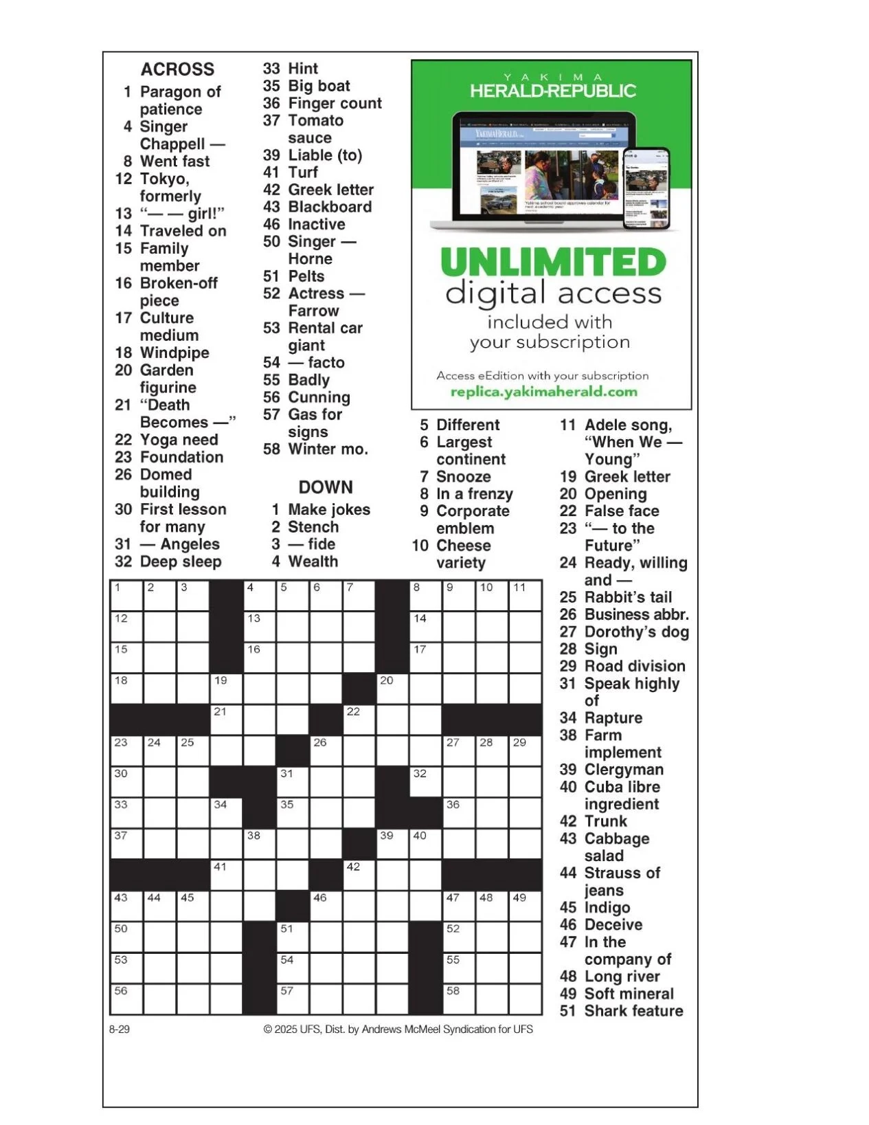 AM Crossword Aug 29 2025 Crosswords Yakimaherald
