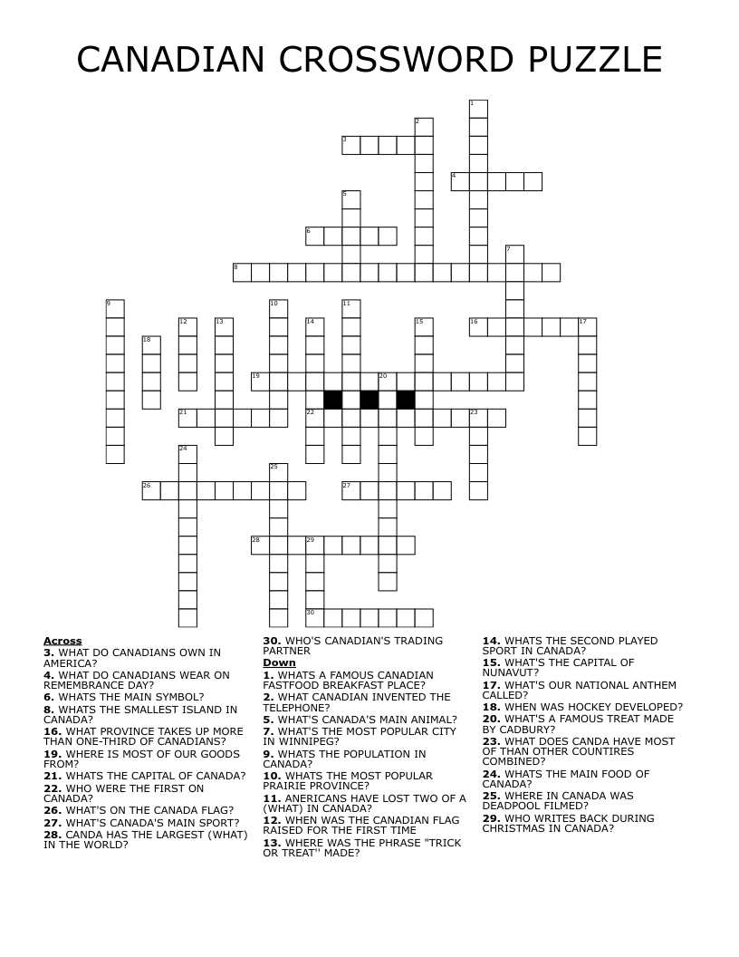 Canada Crossword Printable Canada Crossword Printable