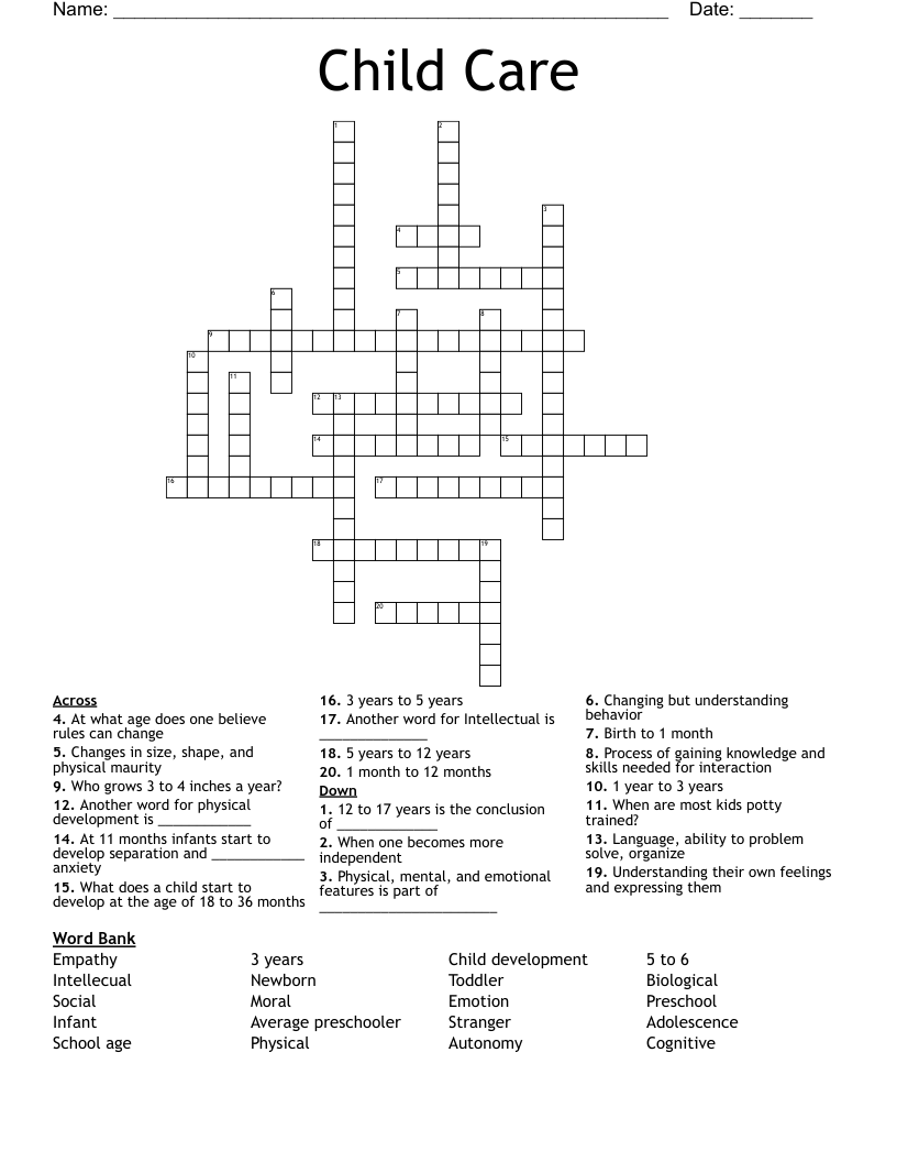Printable Crossword Puzzles About Childcare