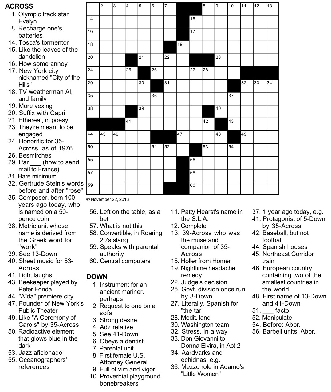Printable Music Crossword Puzzle