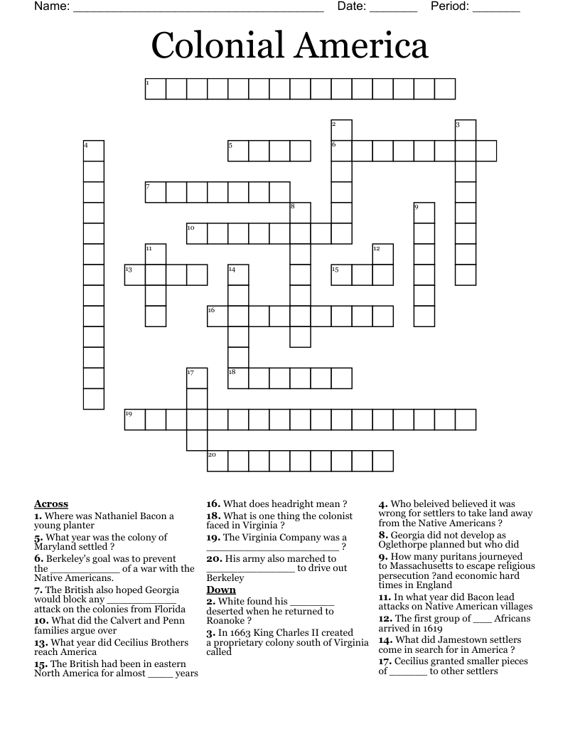 Colonial America Crossword WordMint Colonial America Crossword WordMint