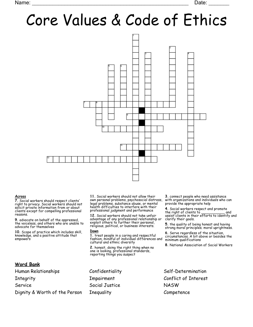 Printable Crossword Puzzle On Moral Values