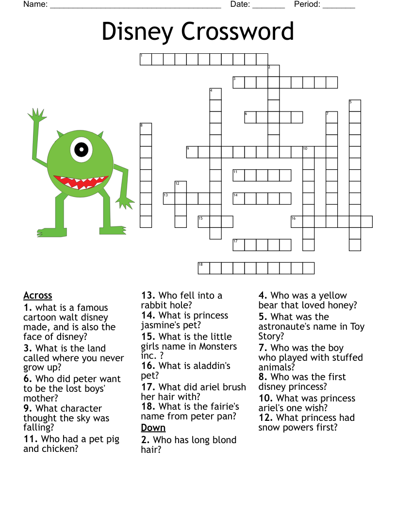 Cartoon Crossword Puzzles Printable
