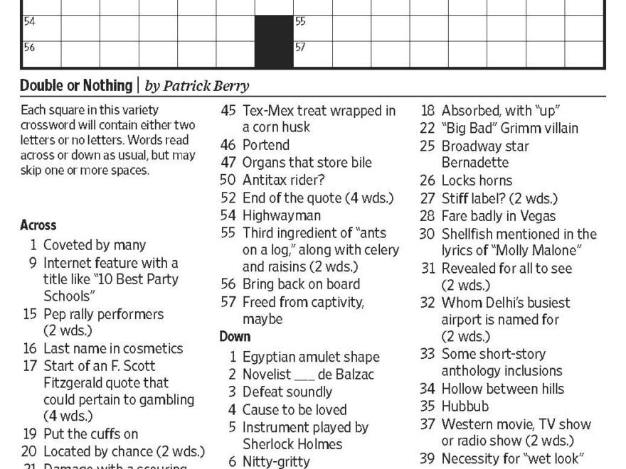 Double Or Nothing Saturday Puzzle WSJ