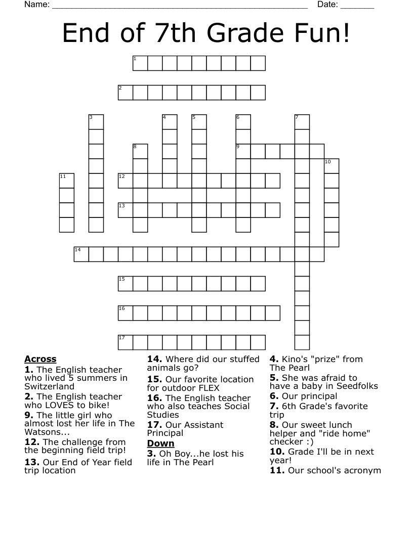 End Of 7th Grade Fun Crossword WordMint End Of 7th Grade Fun Crossword WordMint