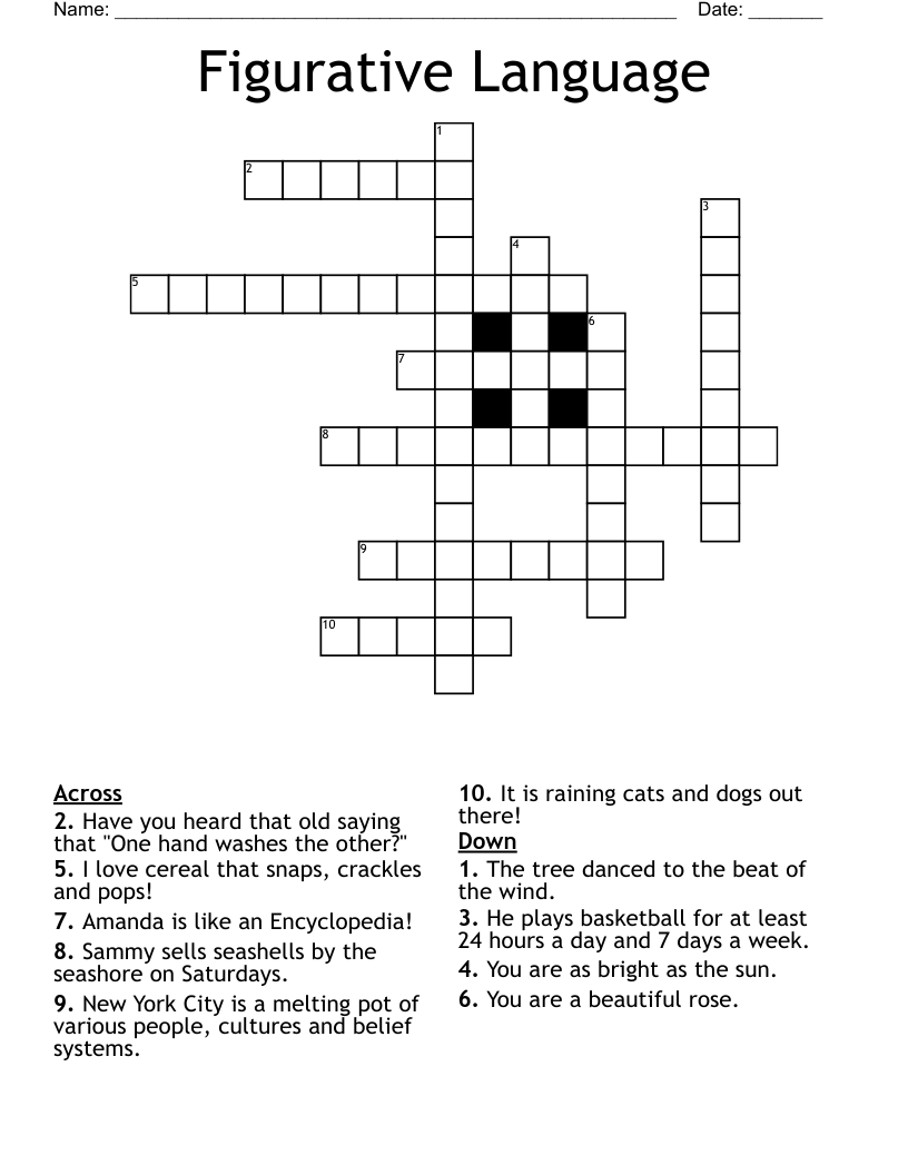 Free Printable Figurative Language Crossword Puzzle Free Printable Figurative Language Crossword Puzzle