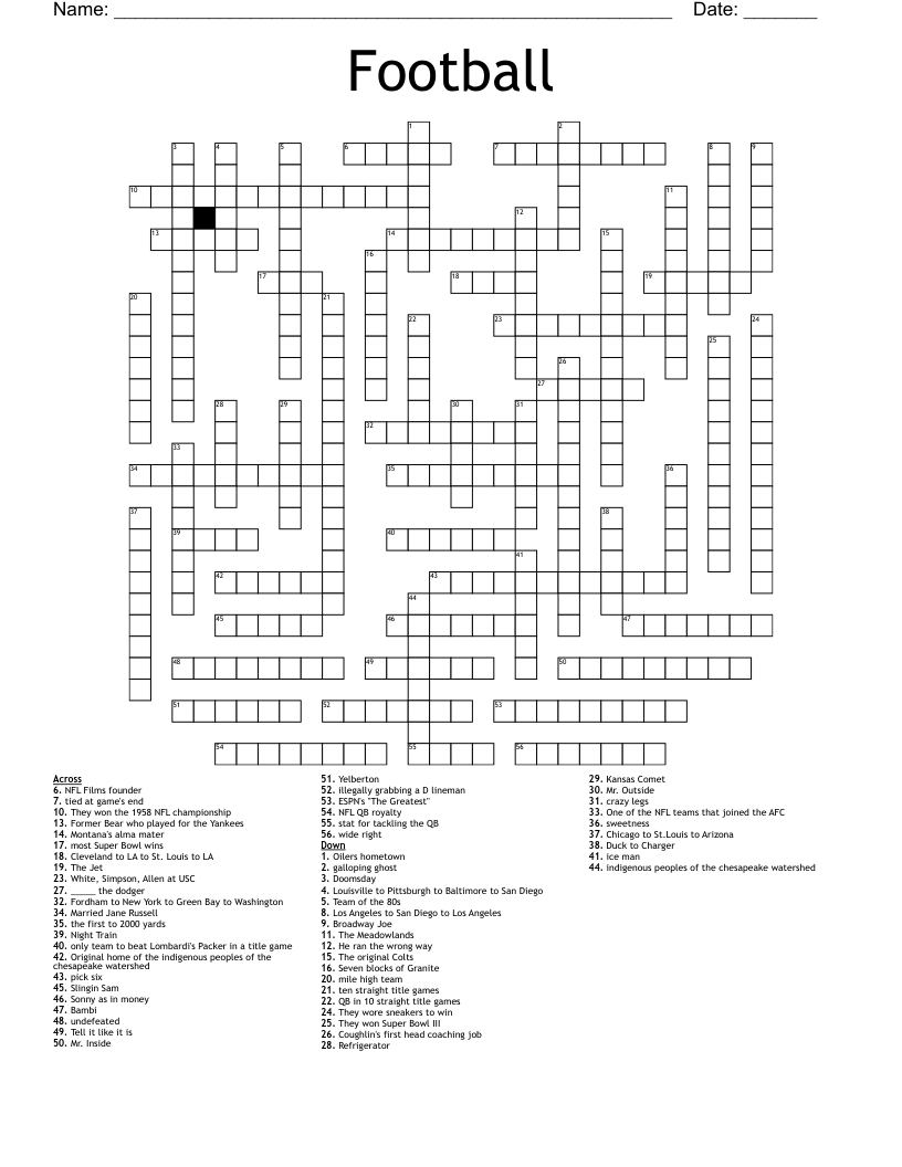 Football Crossword Puzzle Printable