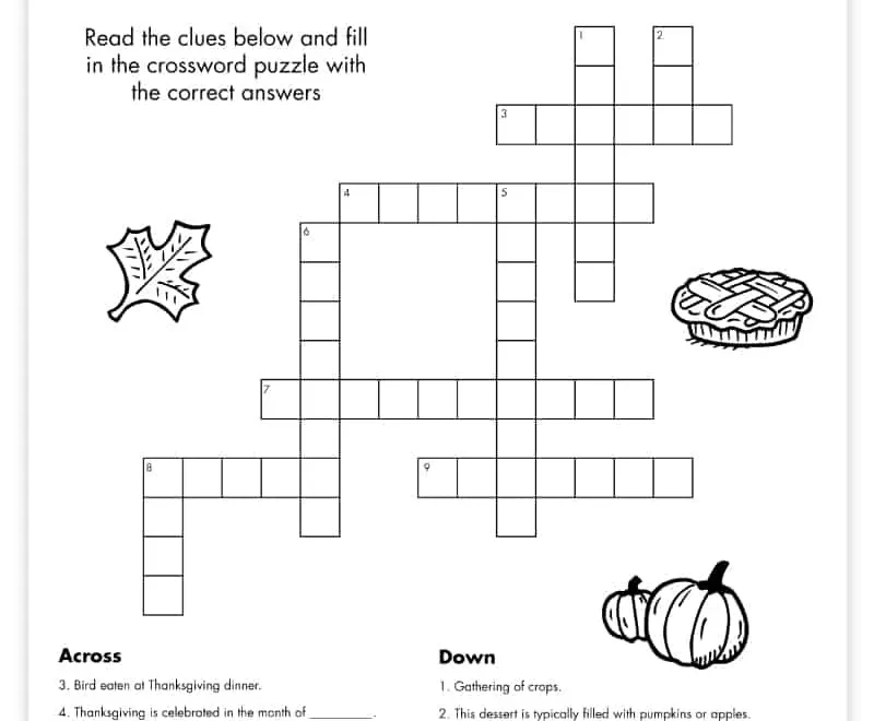 Free Printable Thanksgiving Crossword Puzzle Pjs And Paint