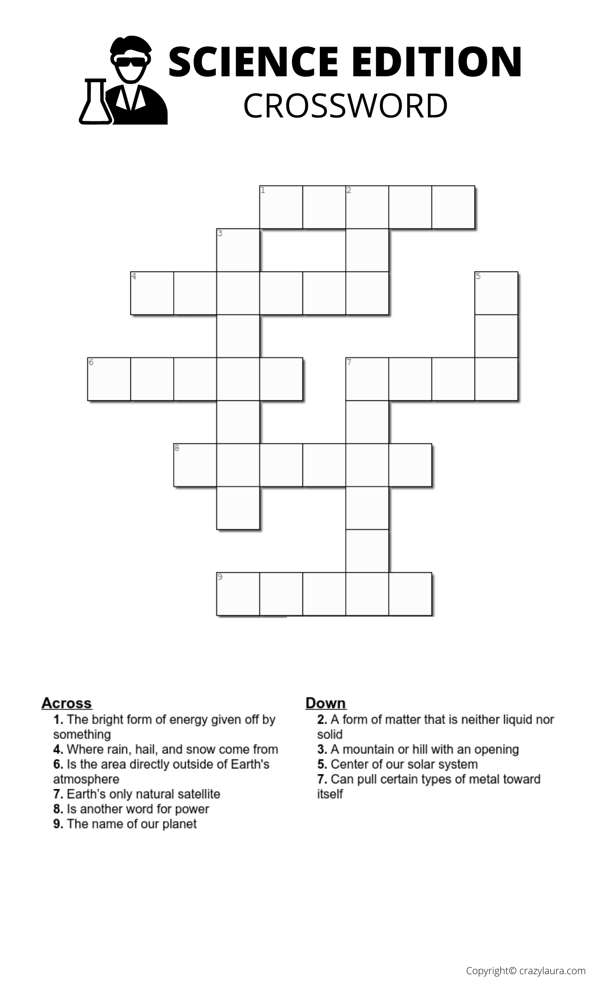 Free Science Crossword Printable Game Sheets Crazy Laura