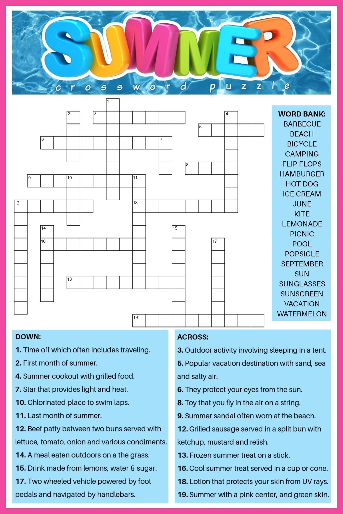 Free Printable Fun Summer Crossword Free Printable Fun Summer Crossword