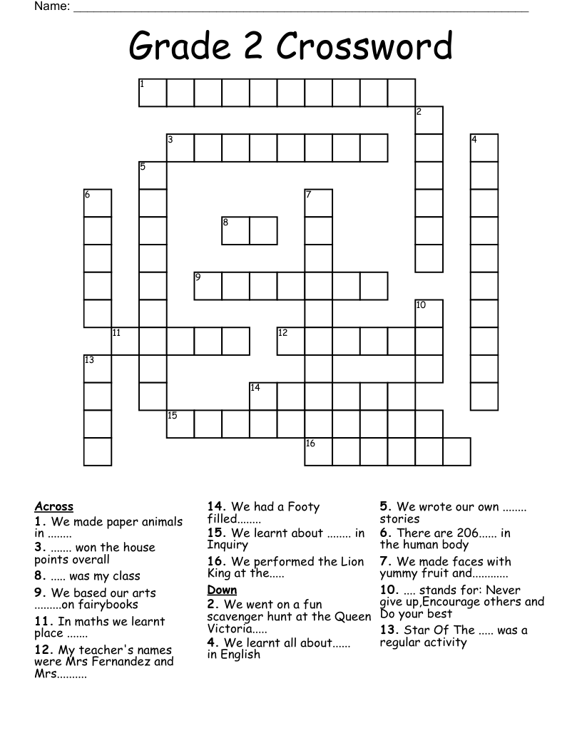 Grade 2 Crossword WordMint Grade 2 Crossword WordMint