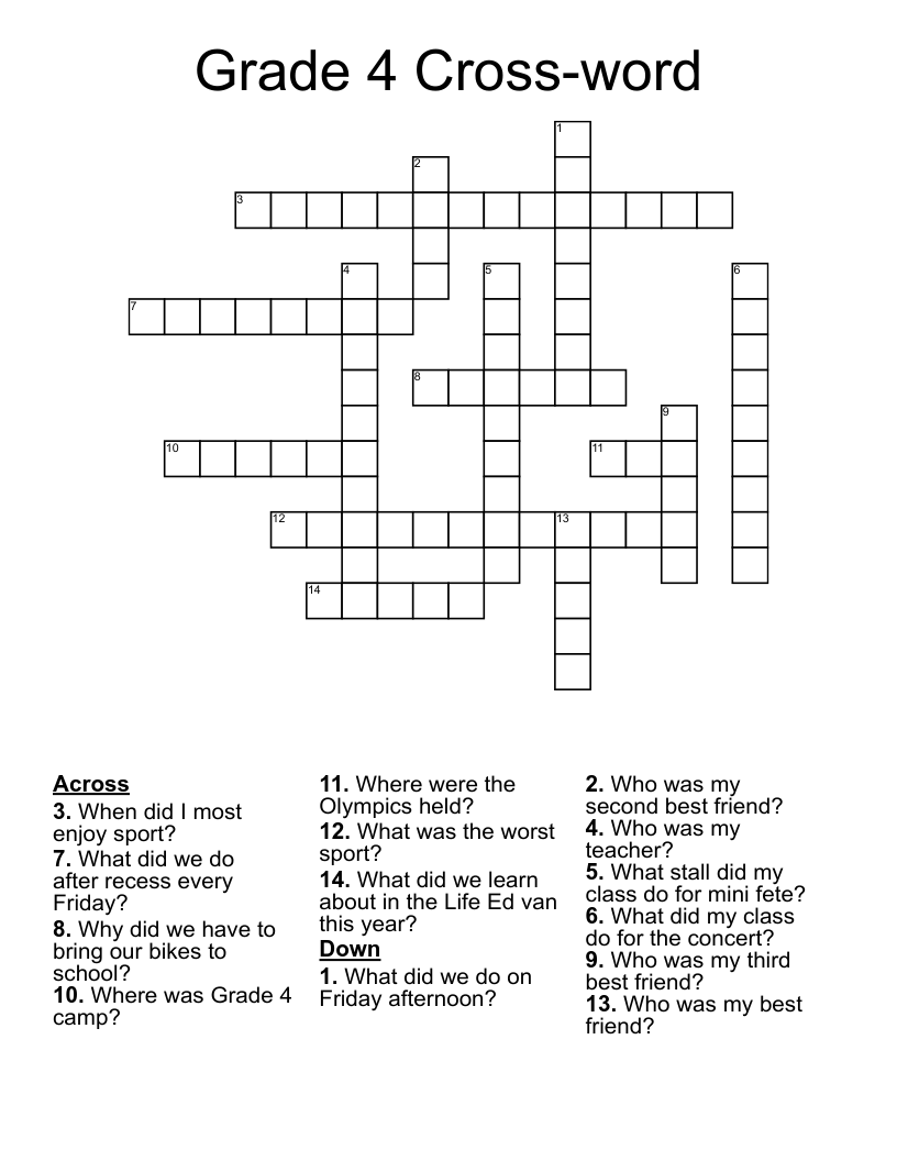 Crossword Puzzle 4th Grade Free Printable Crossword Puzzle 4th Grade Free Printable