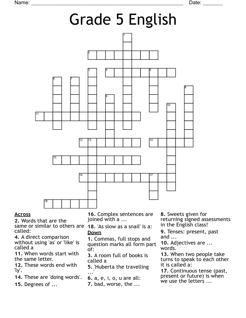 Grade 5 English Crossword WordMint
