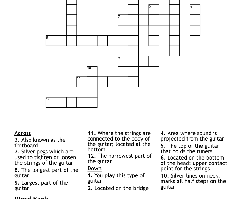 Guitar Parts Crossword Puzzle WordMint