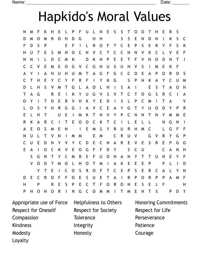 Hapkido s Moral Values Word Search WordMint
