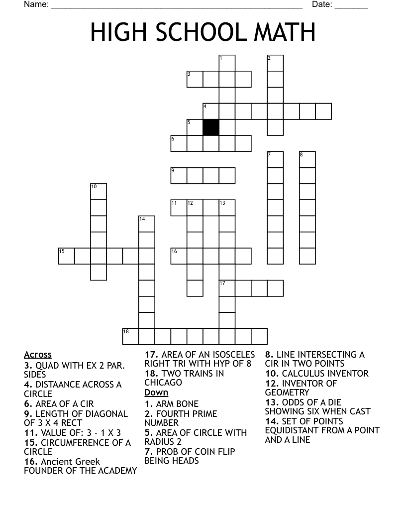 Free High School Algebra Printable Crossword Puzzles
