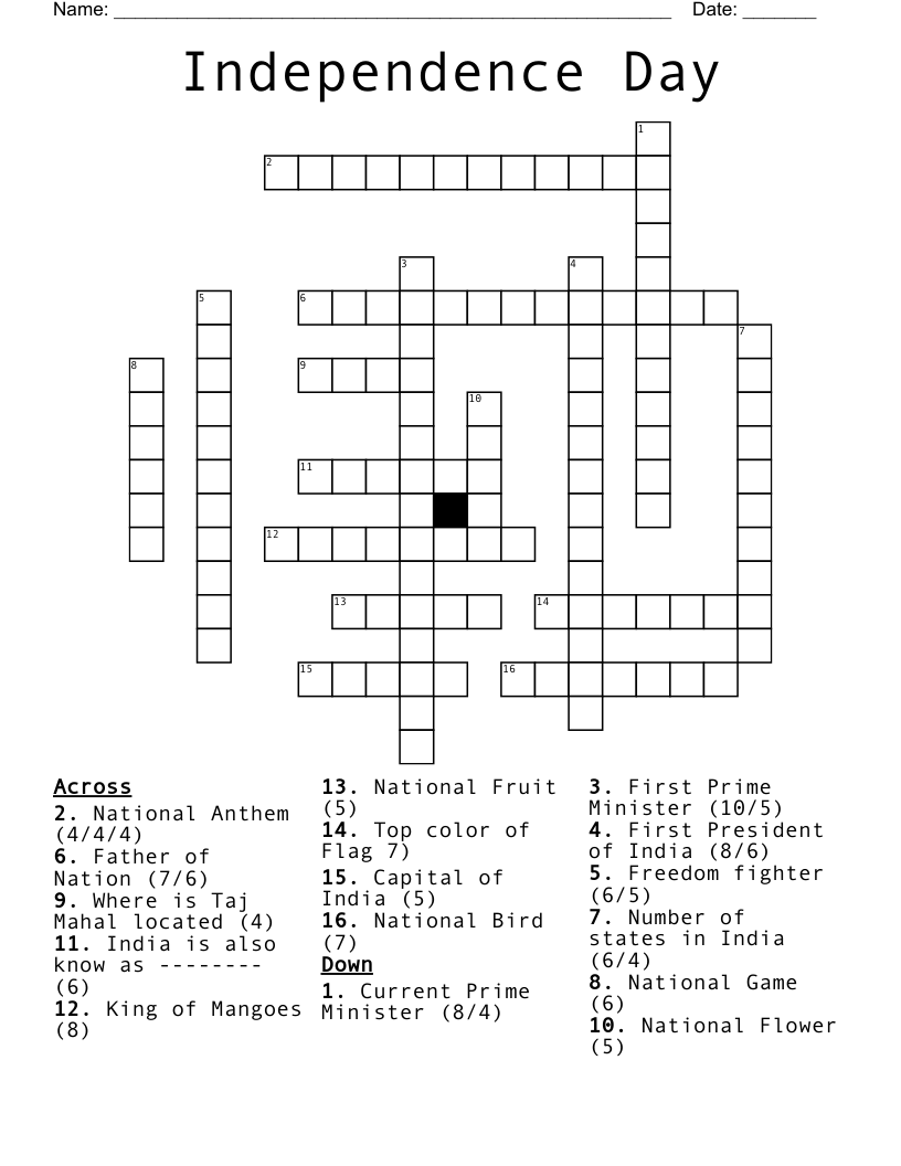 Independence Day Crossword WordMint