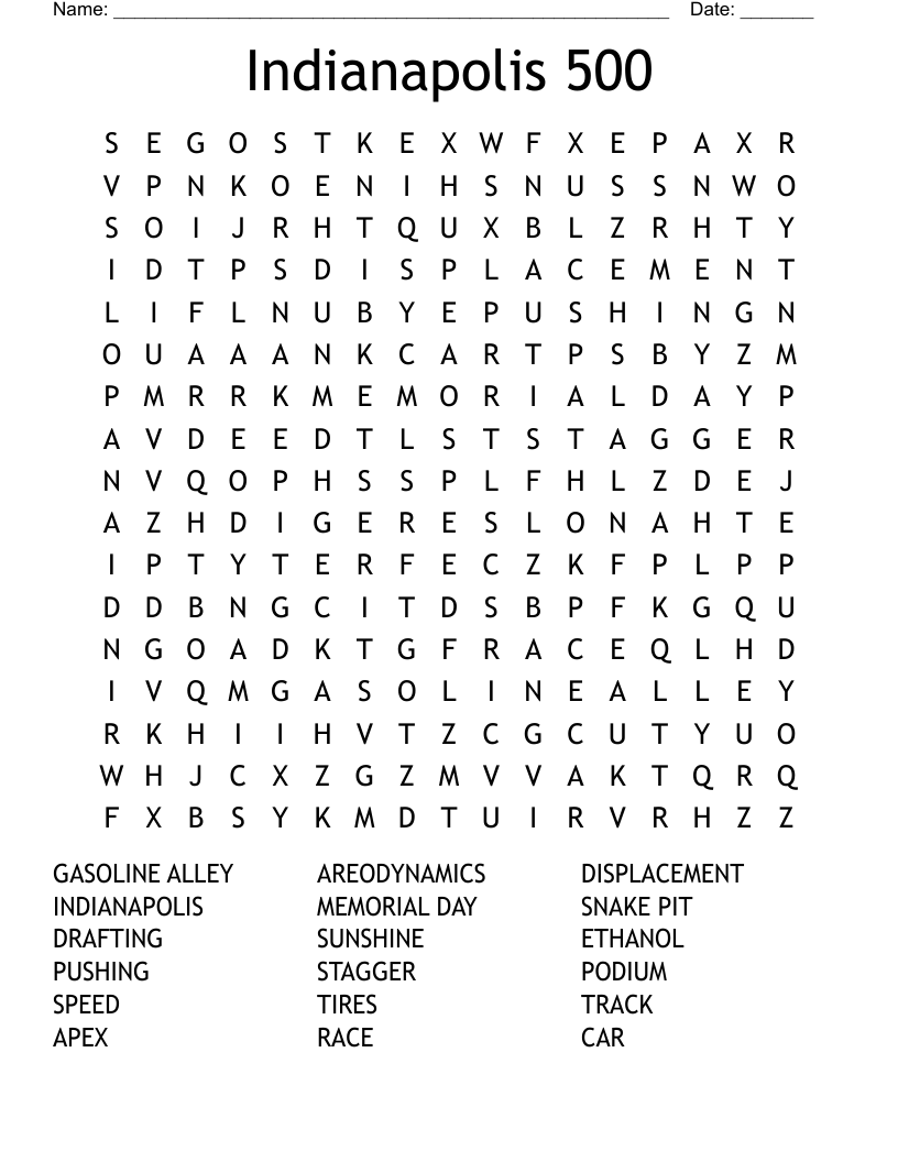 Indianapolis 500 Word Search WordMint