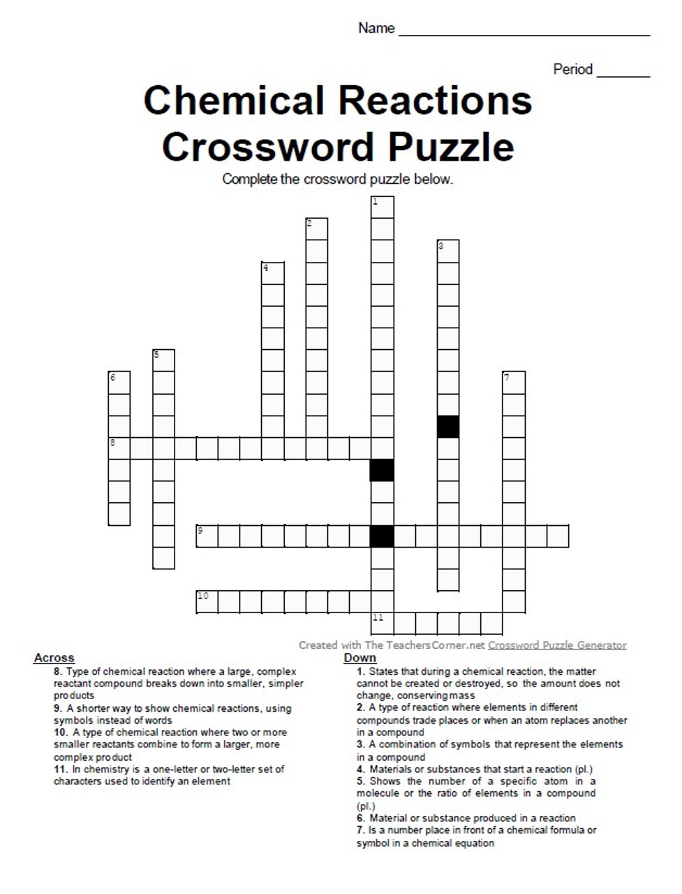 Chemical Reaction Crossword Printable Puzzle