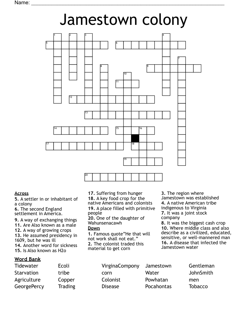 Jamestown Colony Crossword WordMint Jamestown Colony Crossword WordMint