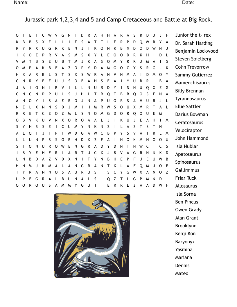 Jurassic Park Crossword Puzzles Printable