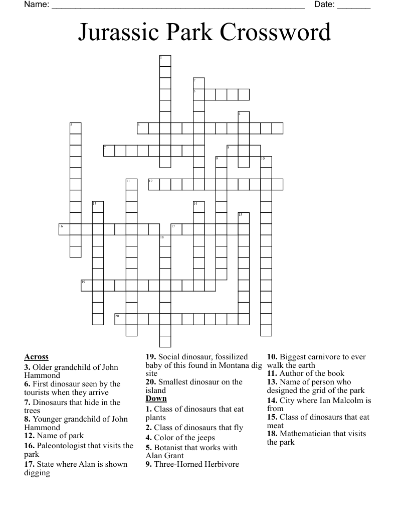 Jurassic Park Crossword WordMint