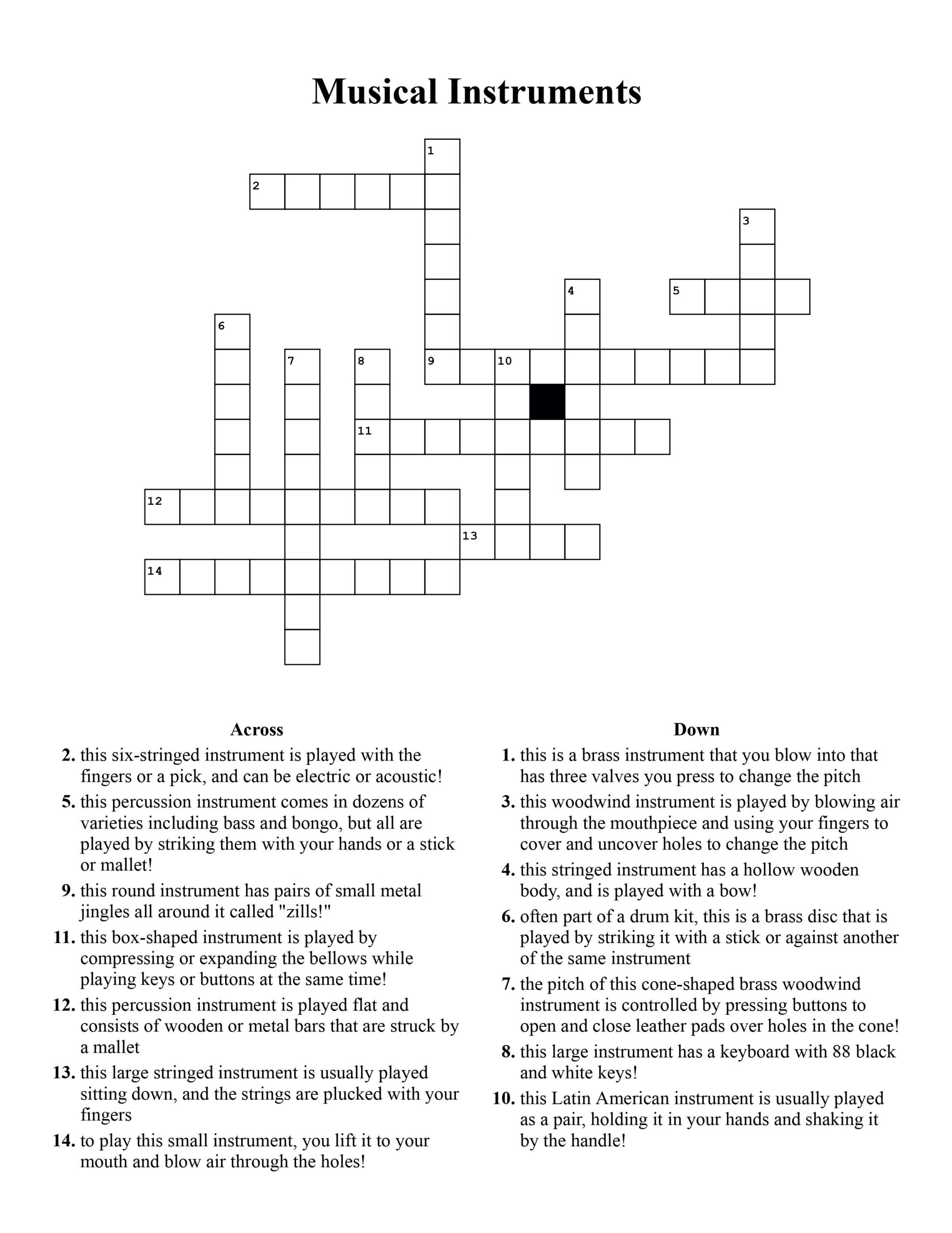 Music Crossword Printable For Kids