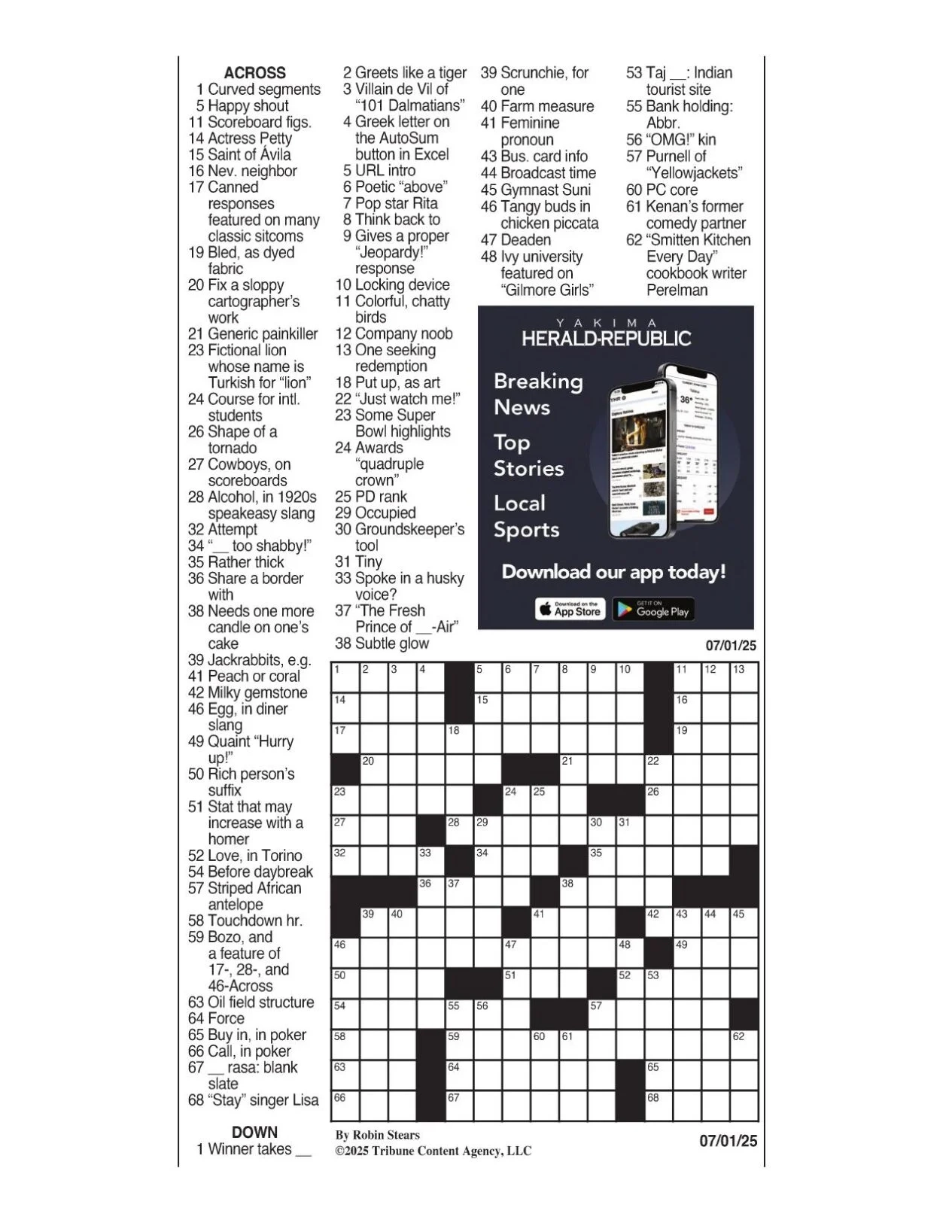 Free Daily Printable Crossword Puzzles July 2025