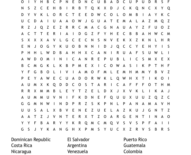 Latin American Countries Word Search WordMint