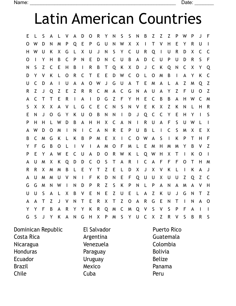 Latin American Countries Word Search WordMint