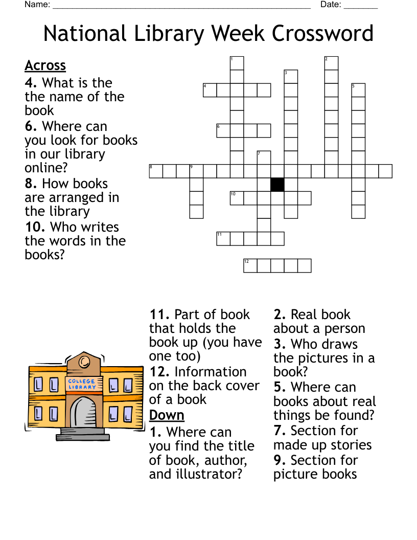 Library Crossword Puzzle Free Printable