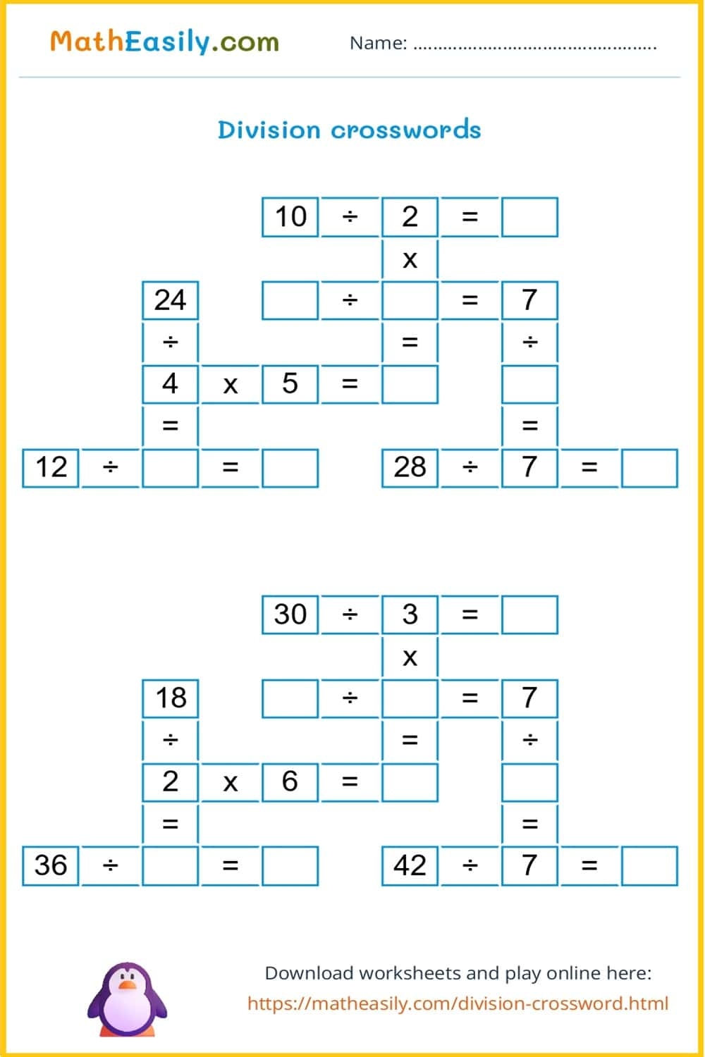 Math Division Crossword Puzzles ONLINE Printable