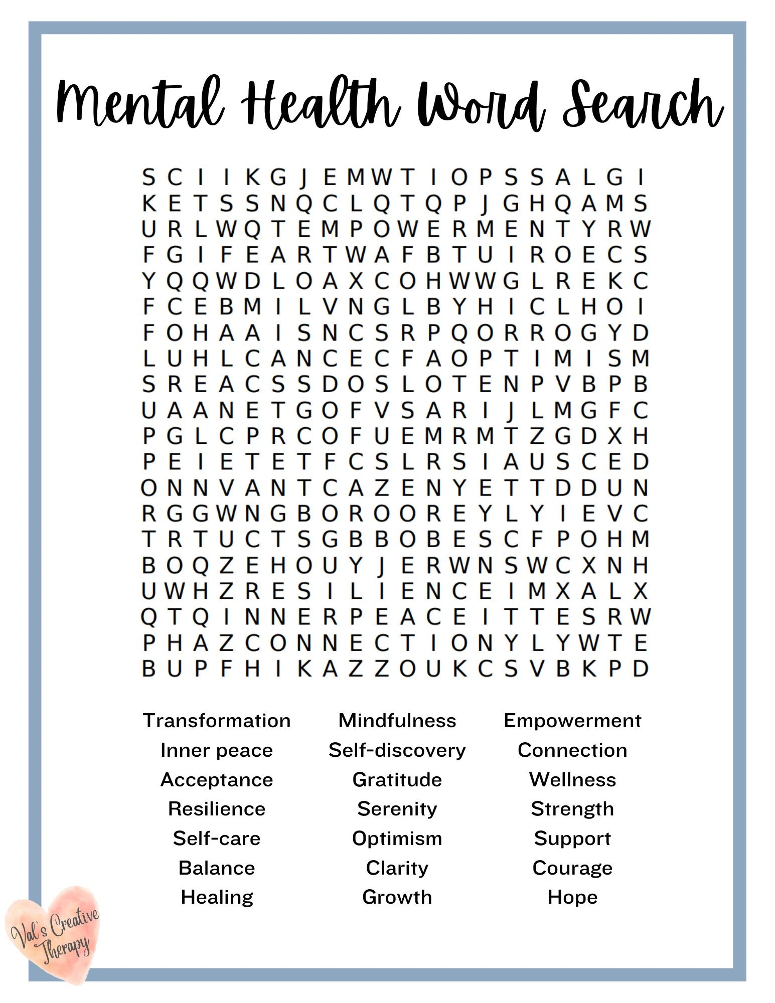 Mental Health Crossword Calming Crossword Puzzle Feel Good Puzzle Etsy