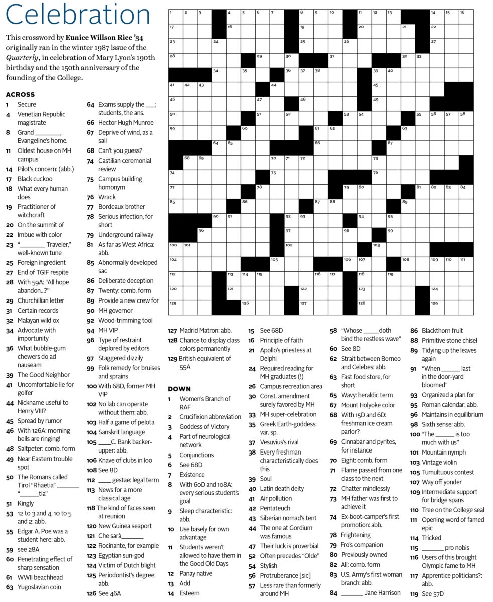 MHC Crossword Puzzle A Challenge For All Mount Holyoke Wonks Alumnae Association