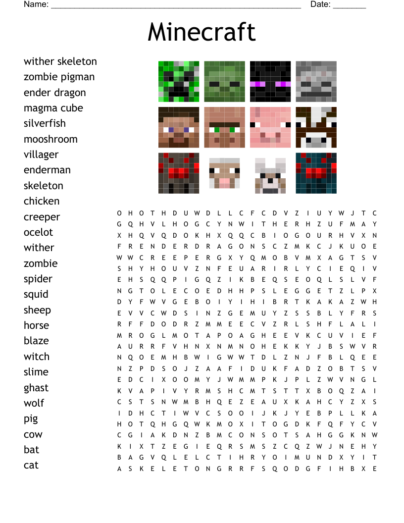 Minecraft Crossword Printable Wordbank