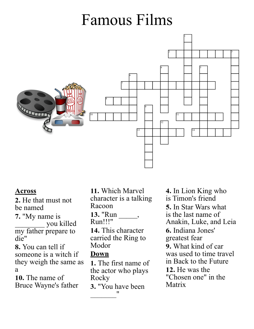 Printable Crossword Puzzles Middle School Movies Printable Crossword Puzzles Middle School Movies