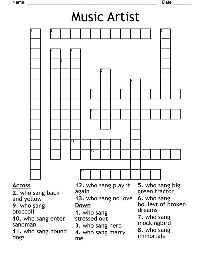 Music Artist Crossword WordMint