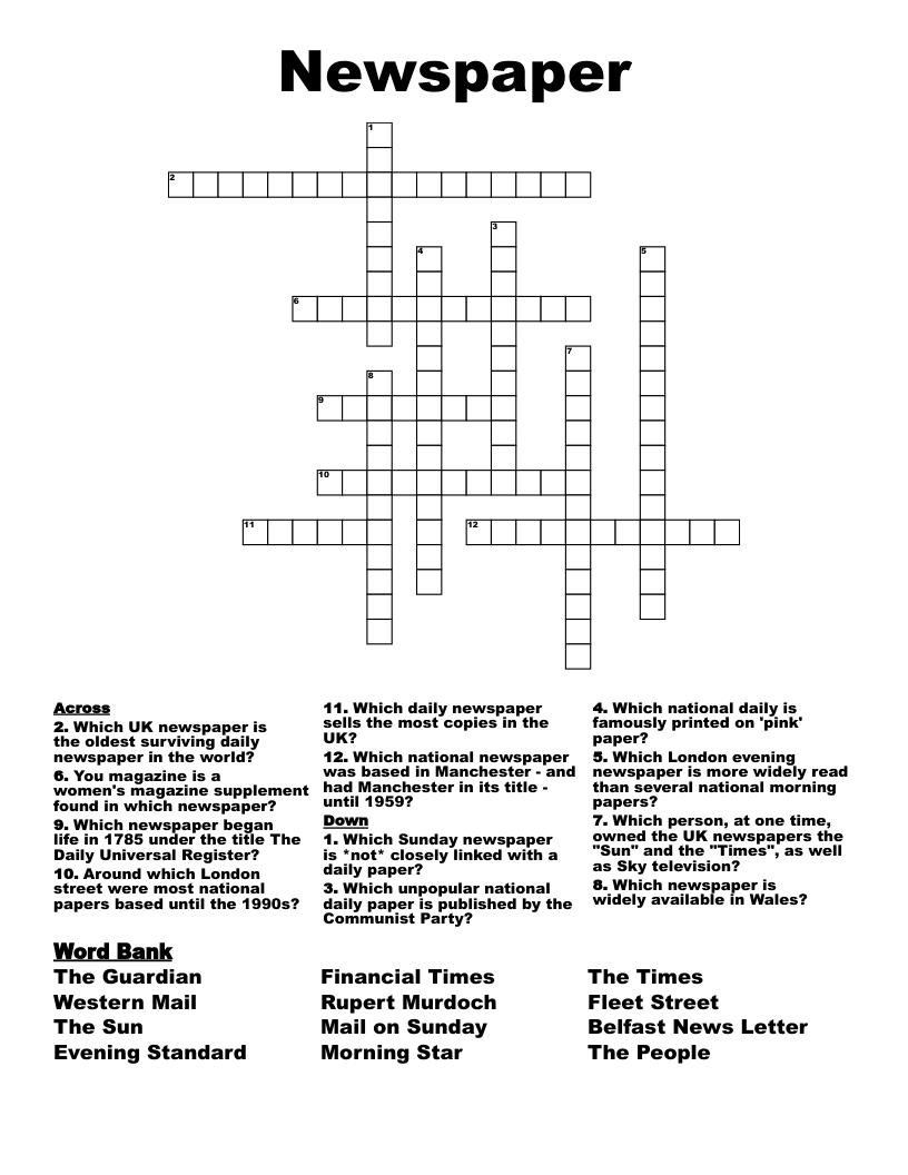 Daily Newspaper Crossword Printable Daily Newspaper Crossword Printable