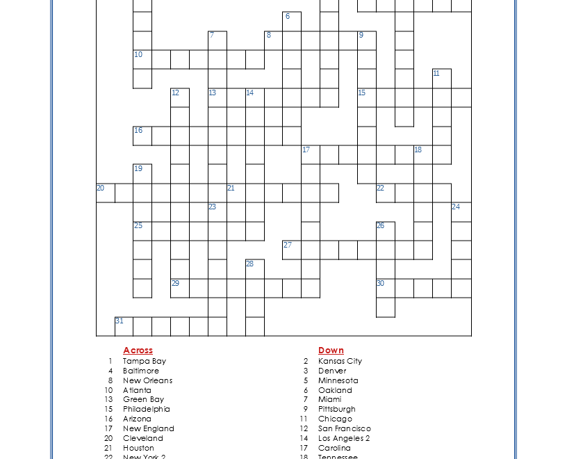 NFL Teams Crossword Puzzle My Printable Puzzles