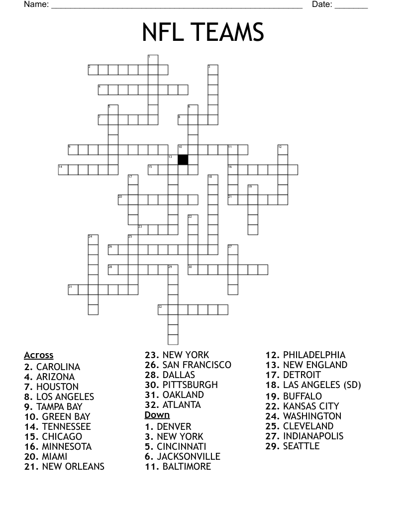 NFL TEAMS Crossword WordMint