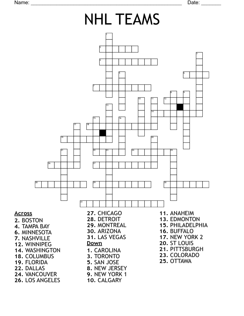 Ice Hockey Crossword Puzzles Printable