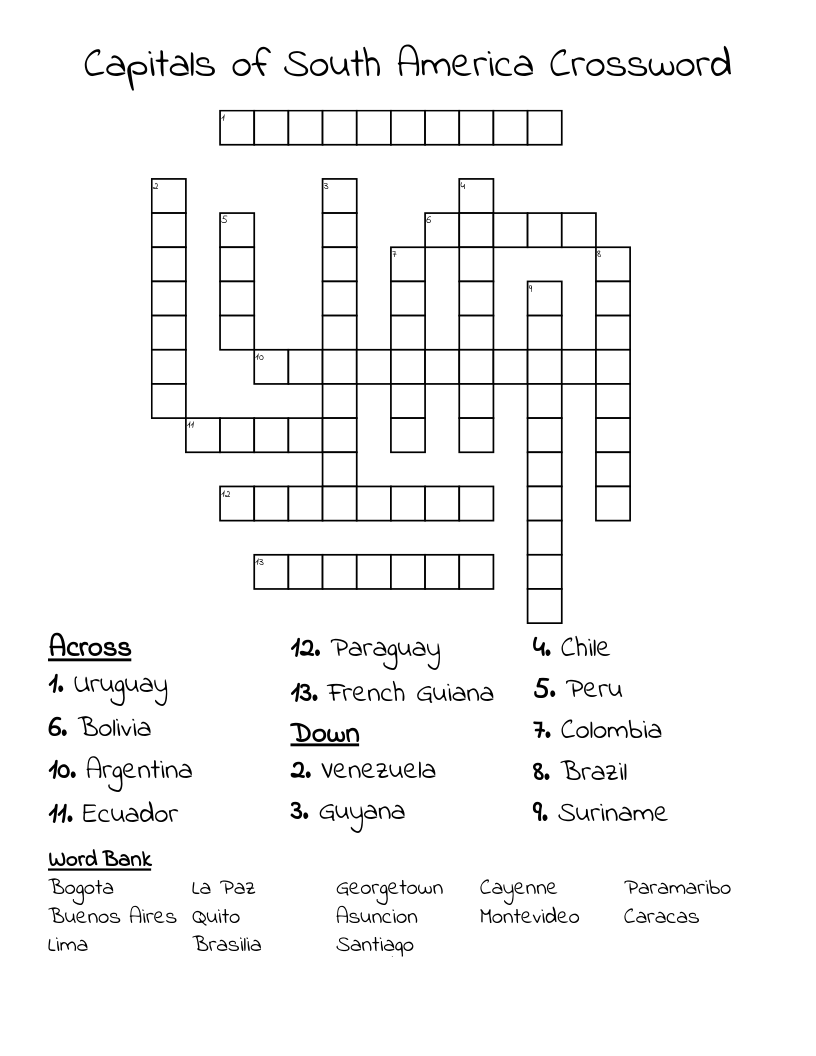 South America Crossword Puzzle Printable South America Crossword Puzzle Printable