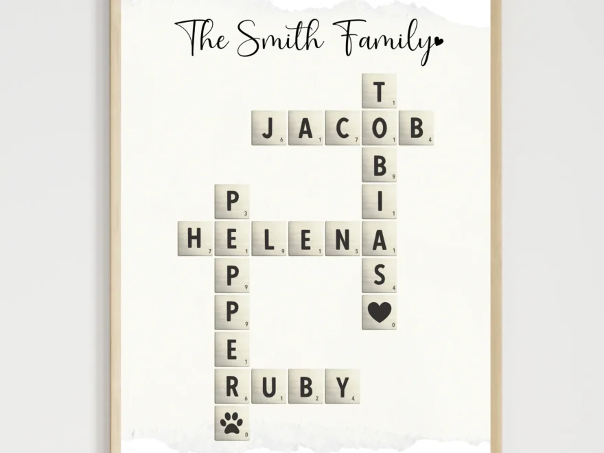 Personalized Family Name Poster Printable Custom Crossword Sign Scrab Scribbled LLC
