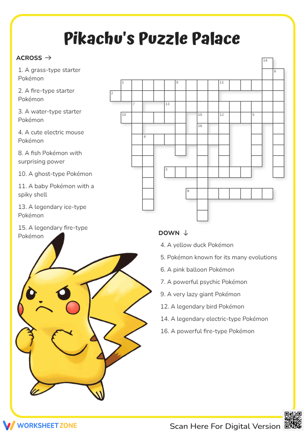 Pokemon Crossword Puzzle Worksheets Printable