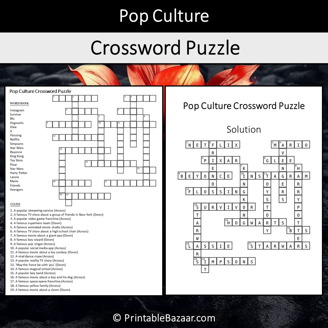 Pop Culture Crossword Puzzle Worksheet Activity Printable PDF PrintableBazaar