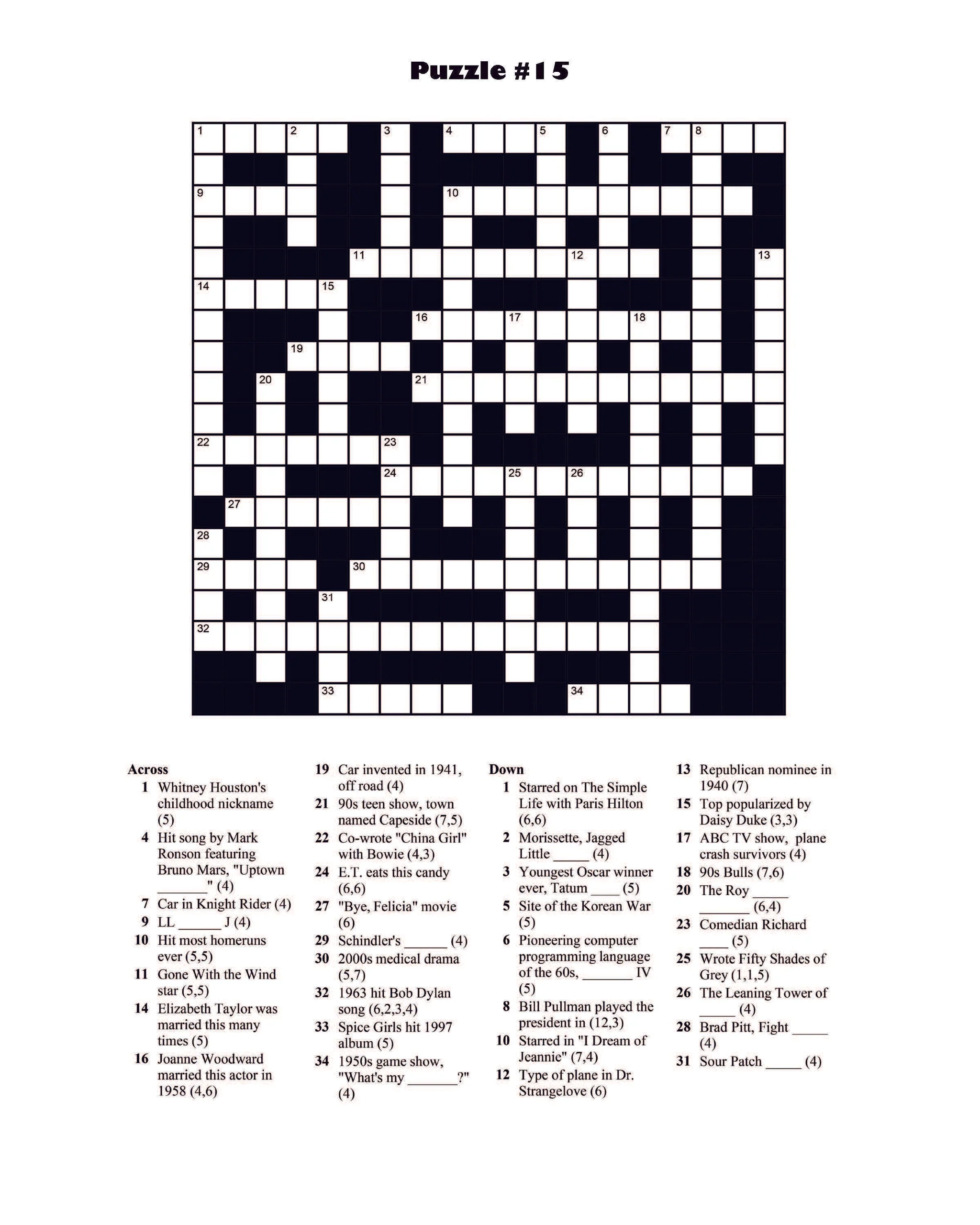 Printable Crossword Puzzles For Adults Pop Culture