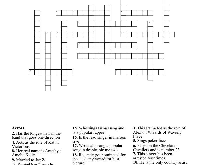 Pop Star Test Crossword WordMint
