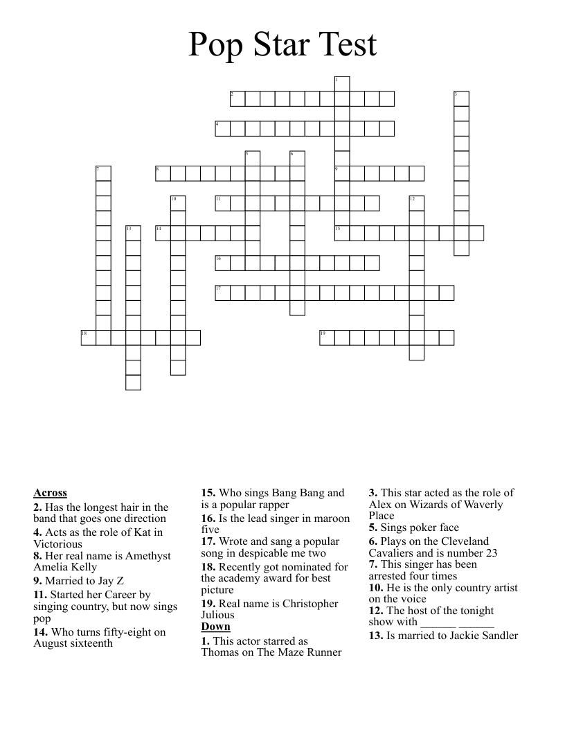 Pop Star Test Crossword WordMint