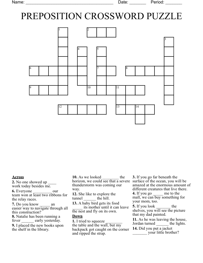 PREPOSITION CROSSWORD PUZZLE WordMint